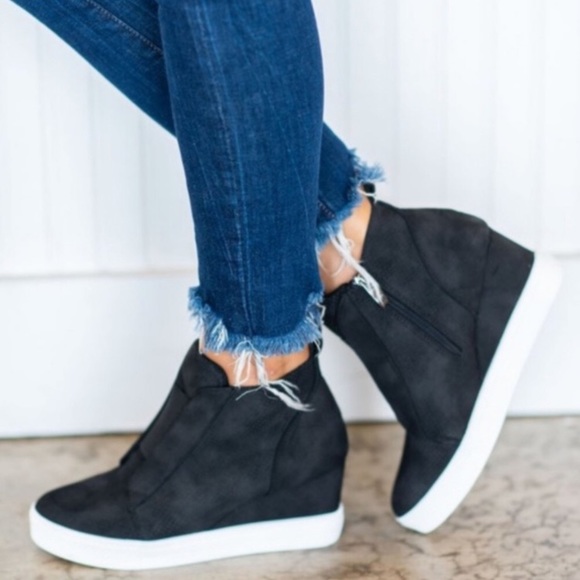 Tegan | Faux Suede Pinhole Wedge Sneakers | Black - Picture 4 of 7